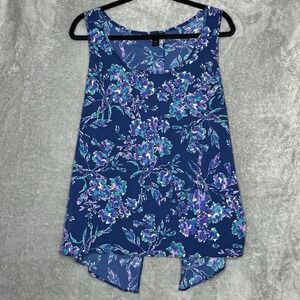 Attention XL Top Shirt Blue Floral Flower Sleeveless Scoop Neck Open Back Women